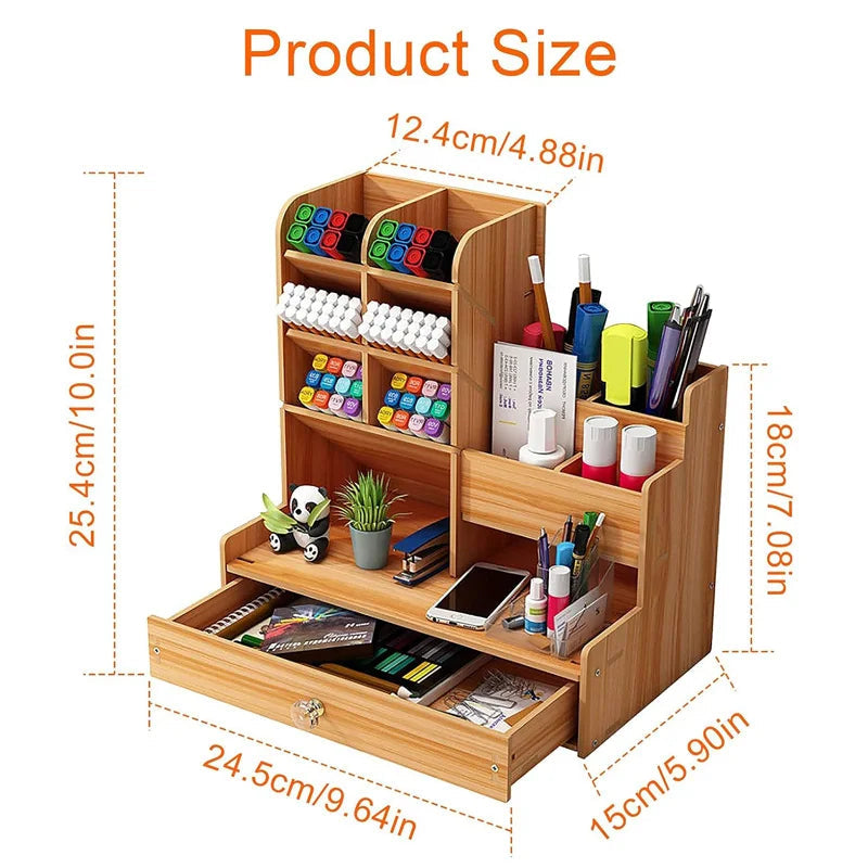 Stylish Bamboo Desk Organizer - Effortless Makeup & Pen Storage with Drawer for Ultimate Office Organization