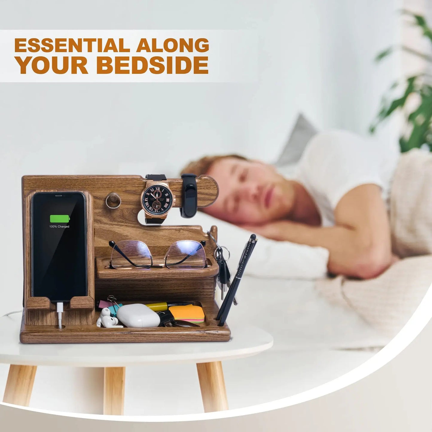 Elegant Wood Phone Docking Station with Drawer - Ultimate Nightstand & Desk Organizer for Men - Perfect Birthday, Anniversary, and Father's Day Gift