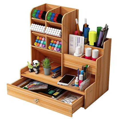 Stylish Bamboo Desk Organizer - Effortless Makeup & Pen Storage with Drawer for Ultimate Office Organization
