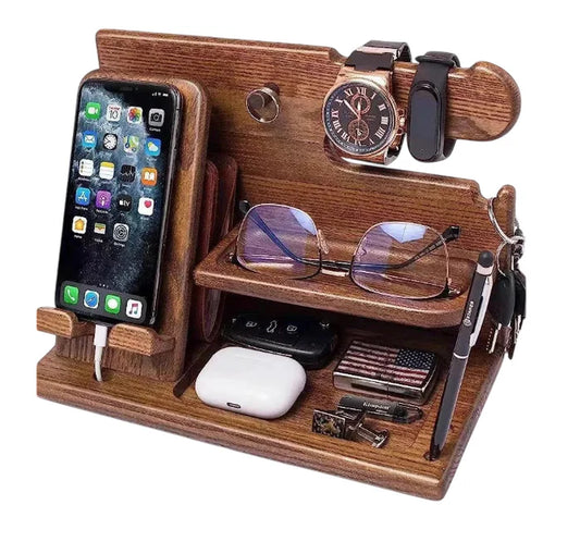 Elegant Wood Phone Docking Station with Drawer - Ultimate Nightstand & Desk Organizer for Men - Perfect Birthday, Anniversary, and Father's Day Gift