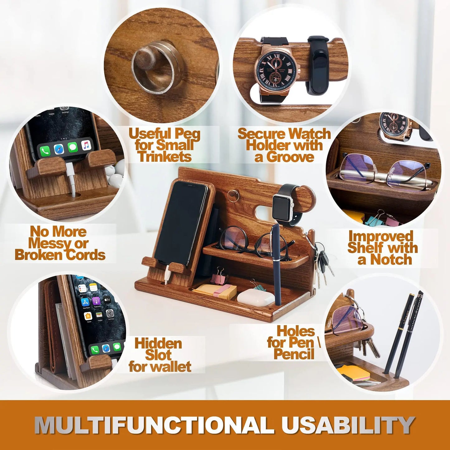 Elegant Wood Phone Docking Station with Drawer - Ultimate Nightstand & Desk Organizer for Men - Perfect Birthday, Anniversary, and Father's Day Gift