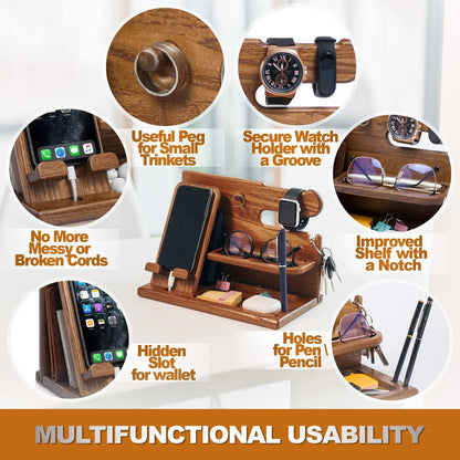 Elegant Wood Phone Docking Station with Drawer - Ultimate Nightstand & Desk Organizer for Men - Perfect Birthday, Anniversary, and Father's Day Gift