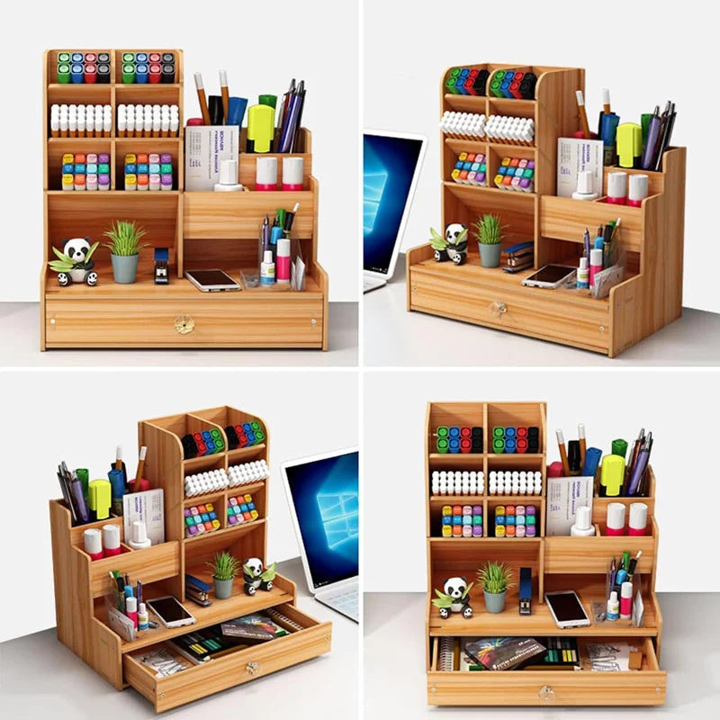 Stylish Bamboo Desk Organizer - Effortless Makeup & Pen Storage with Drawer for Ultimate Office Organization