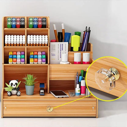 Stylish Bamboo Desk Organizer - Effortless Makeup & Pen Storage with Drawer for Ultimate Office Organization