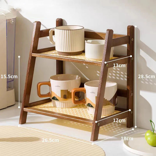 Transform Your Space with the Stylish 2-Tier Bamboo Cup Shelf Organizer - Perfect for Tea, Coffee, and Condiment Storage!