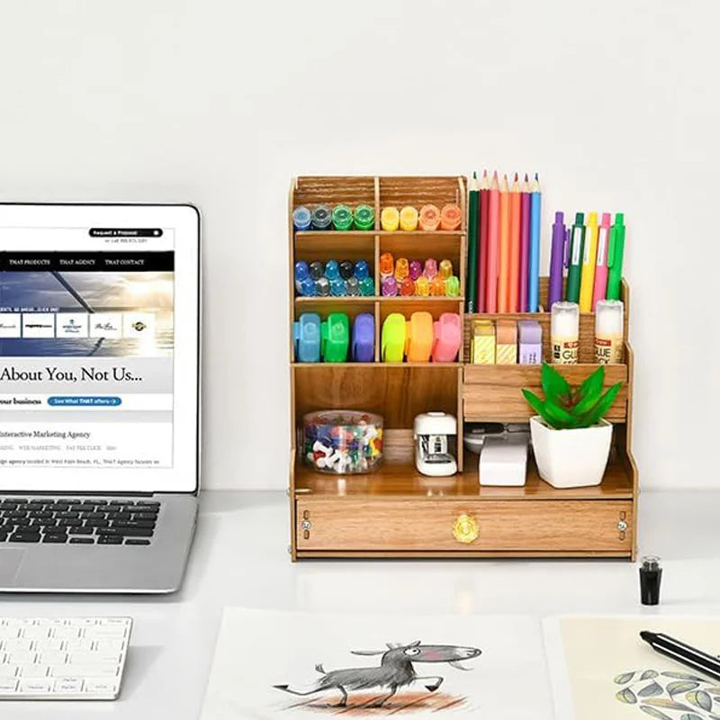Stylish Bamboo Desk Organizer - Effortless Makeup & Pen Storage with Drawer for Ultimate Office Organization